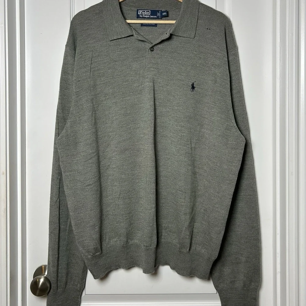 Polo Ralph Lauren 100%‎ Merino Wool Italian Yarn Gray Long Sleeve Polo Sweater